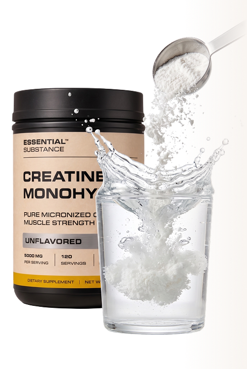 Micronized creatine dissolving into a glass of water
